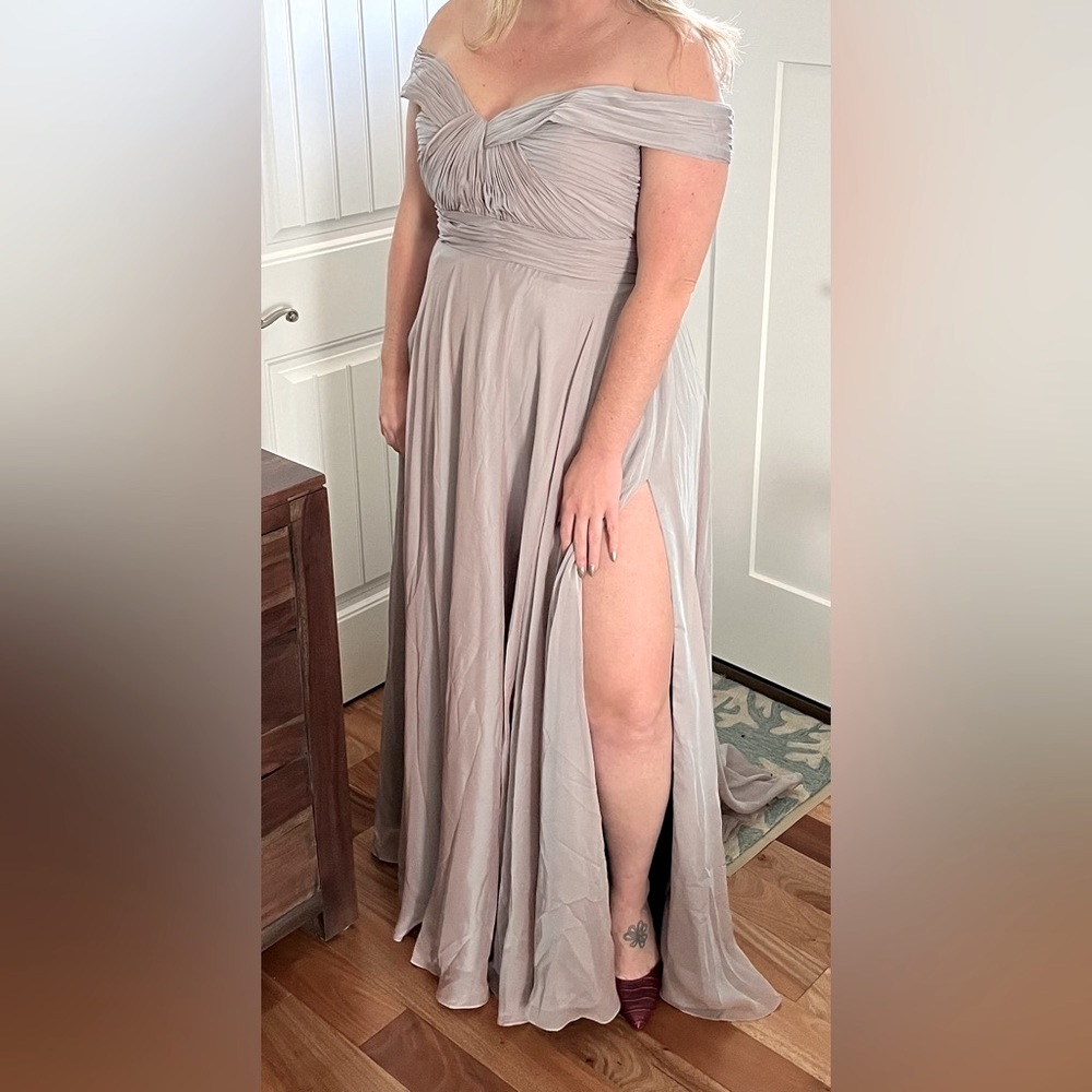 Mac Duggal Pearl Grey off the shoulder a-line dress - size 14